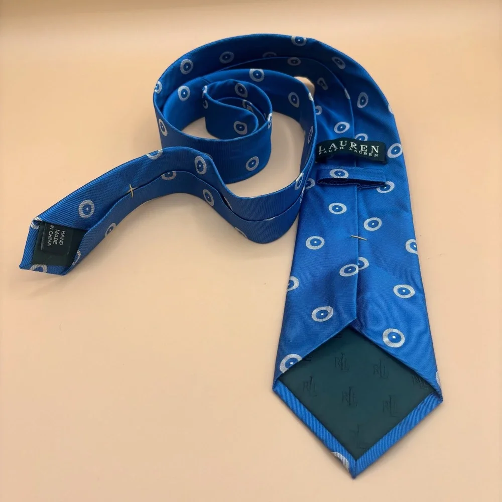 Lauren Ralph Lauren Mens Blue Geometric Circle Silk Necktie 3.5‎ Inch Width
